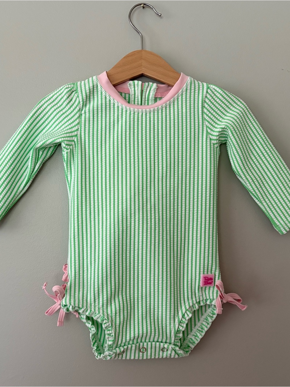 Ruffle Butts Pink Trim Green & White Striped Infant Bodysuit